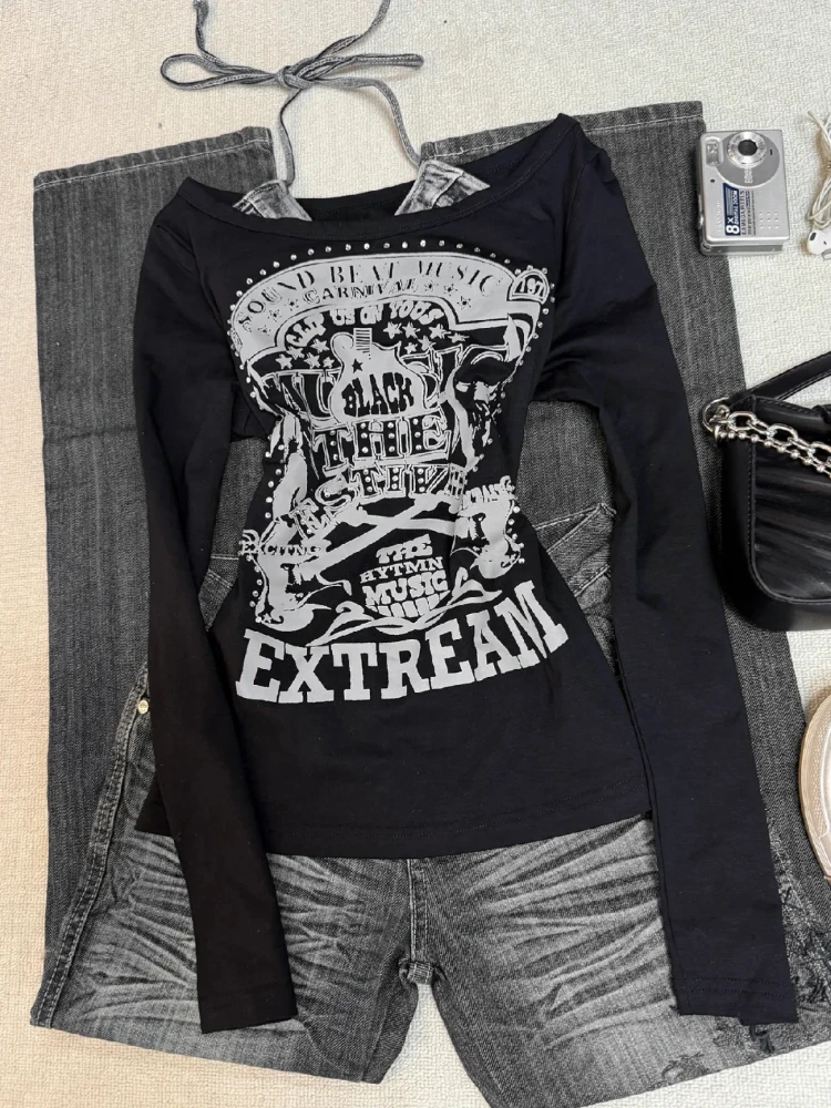 تي شيرت نسائي جمالي عتيق على الطراز القوطي الأسود من 2000s تي شيرت ريترو بانك جرافيك الجرونج Y2k ملابس هاراجوكو بأكمام طويلة ملابس الشارع الأمريكية