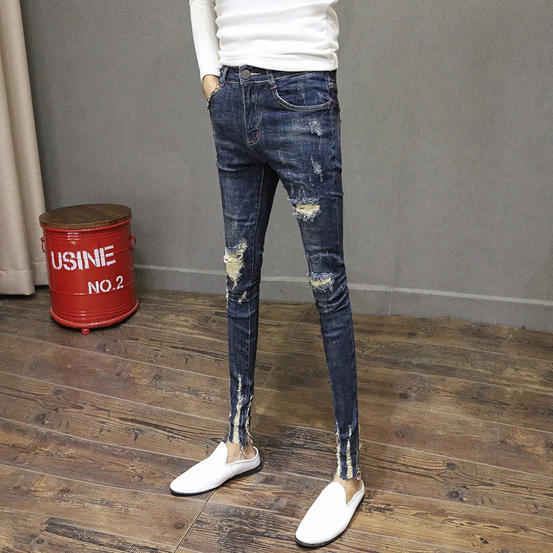 

Fashion 2022 Fashion Slim Pants New Small Feet Stretch Ripped Hole Trendy Male Cat Whisker Jeans Spirit Guy Male Pencil Pants