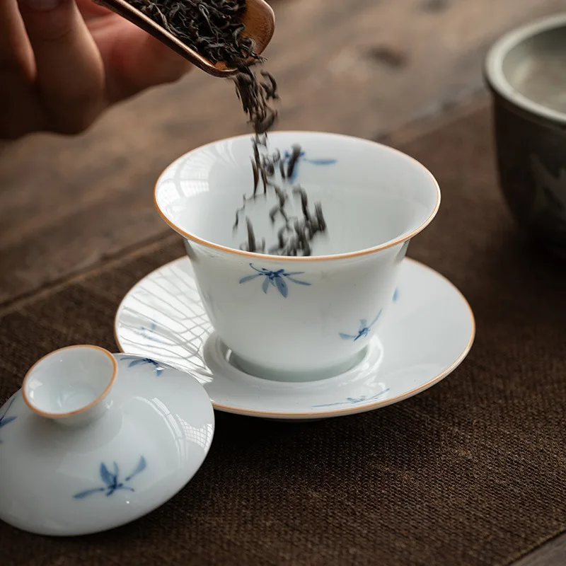Hand-Painted Orchid Tureen Heat-Resistant High-Grade Ceramic Tea Set Three Pieces Making Bowl Non-Scald Cup Kung Fu