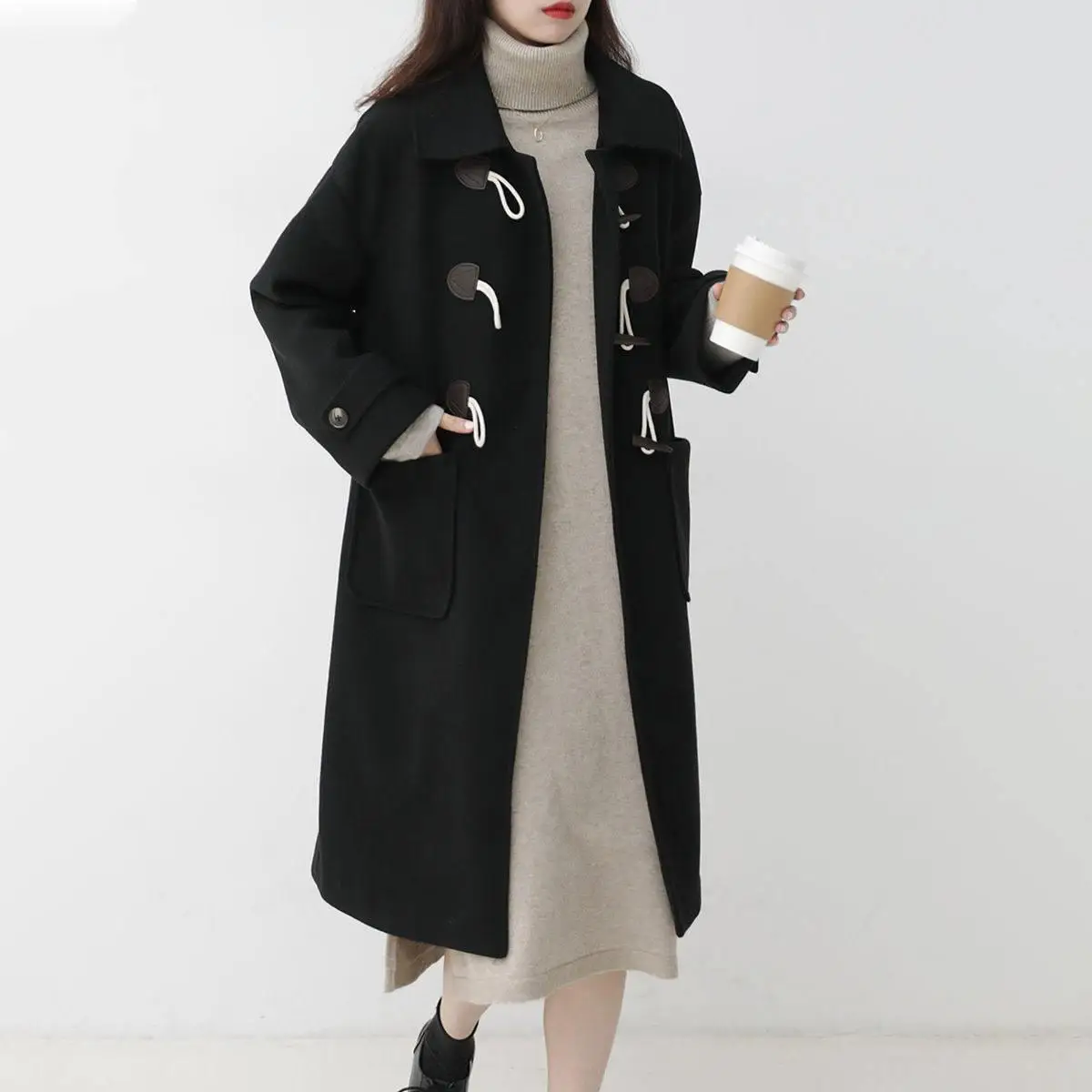 

Women's Mid-Length Woolen Coat Autumn Winter New Style Button Design Japanese Retro Style Small Size Coat Comfortable Fit