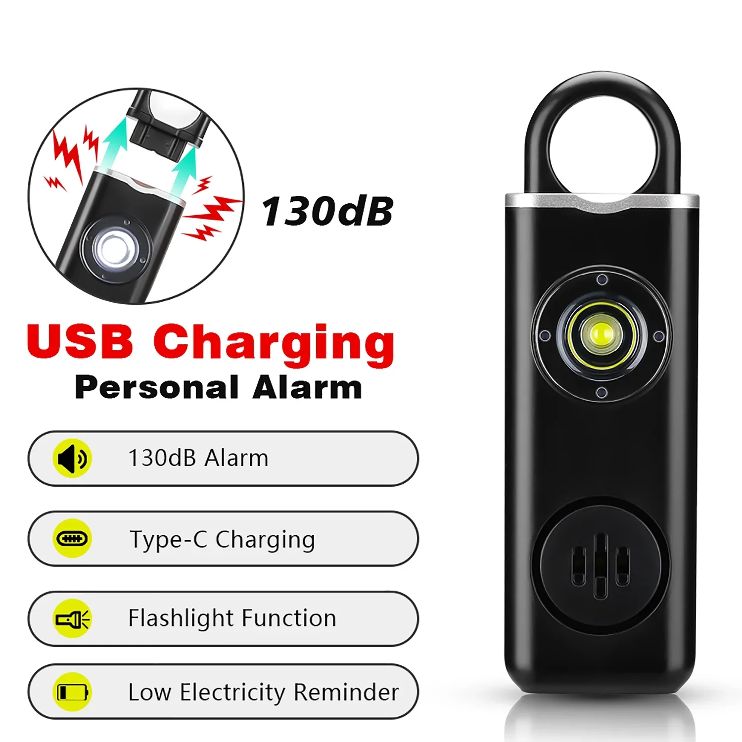 

LED Self-defense Keychain Personal Safety Siren Alarm 130dB Type C Charging Personal Alarm Loud Anti-body Alarm Women