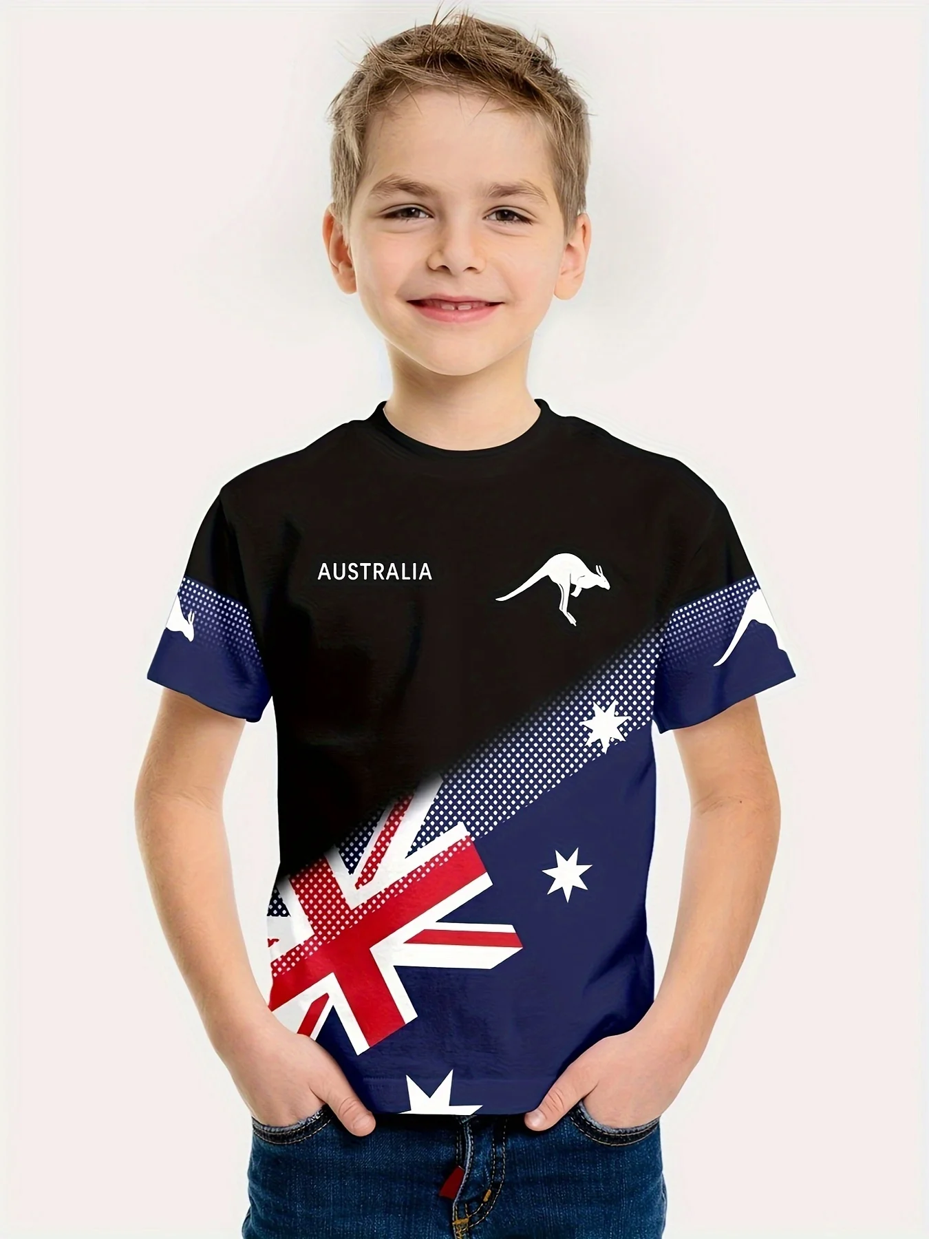 Summer Australian Kangaroo 3D Printed Kids Boys and Girls Short Sleeve T-shirt, Daily Casual Versatile Comfortable Top