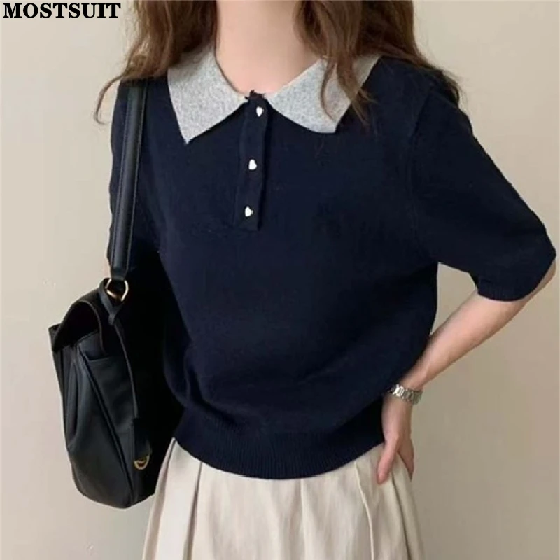 

Summer Korean Knitted Sweater Pullover Women Short Sleeve Fashion Loose Elegant Casual Ladies Knitwear Tops Tees Jumpers