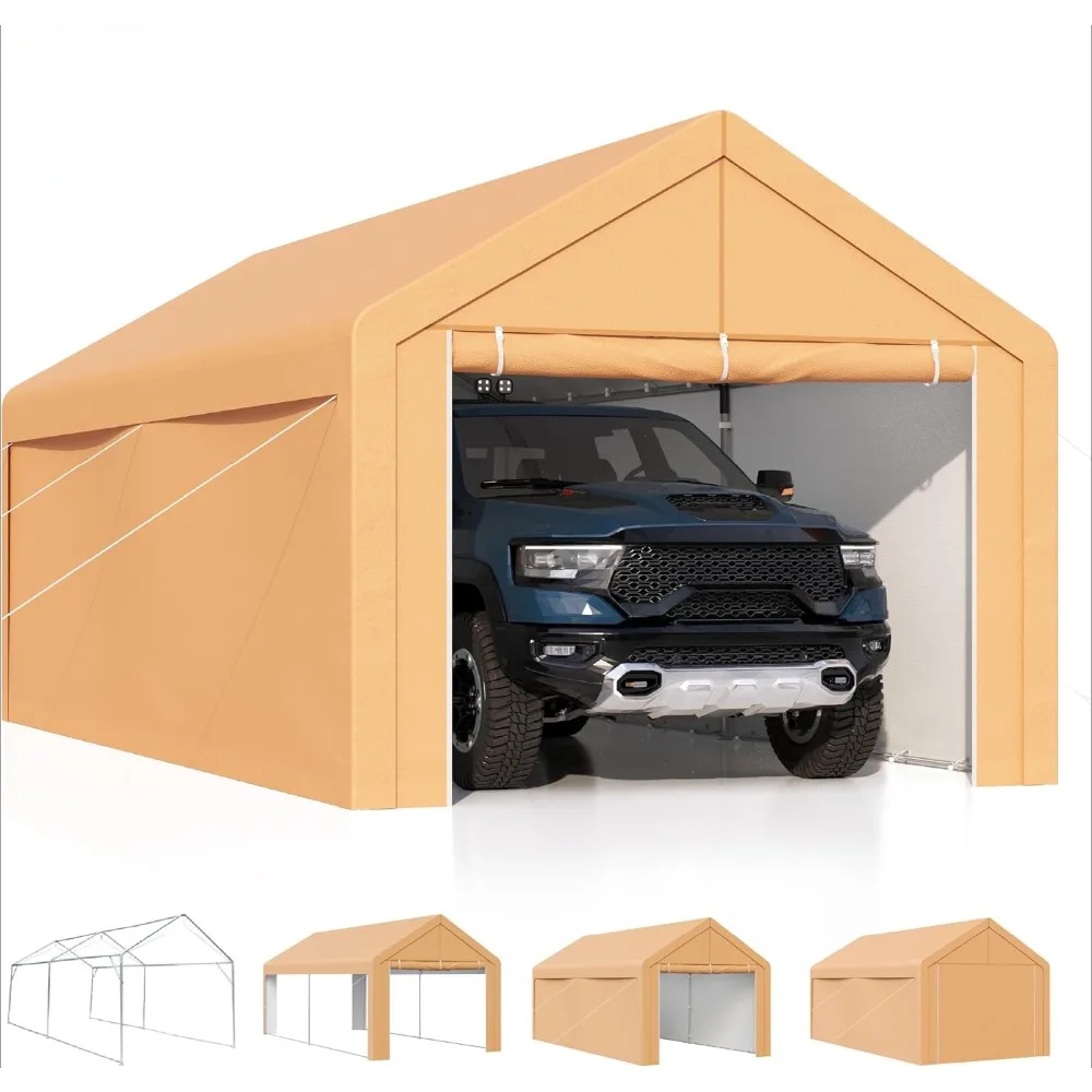 Heavy duty canopy carport, outdoor portable garage party tent with removable side walls and doors, waterproof and UV resistant