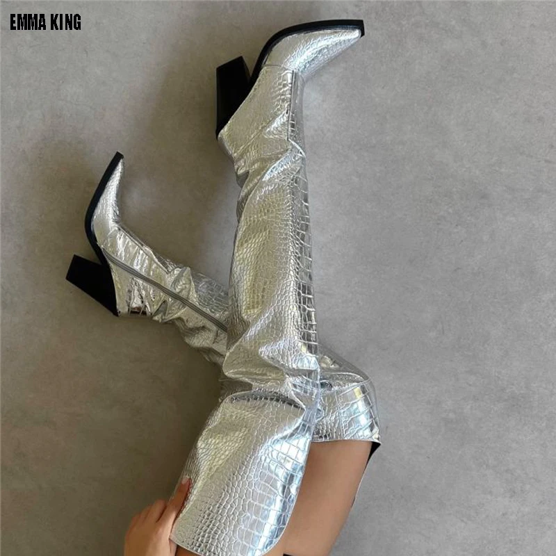 

2023 Long Boot Sliver Patent Leather Over the Knee Boots Pointed toe Sexy High Heels Thigh High Boots Thick Heel Boots 44