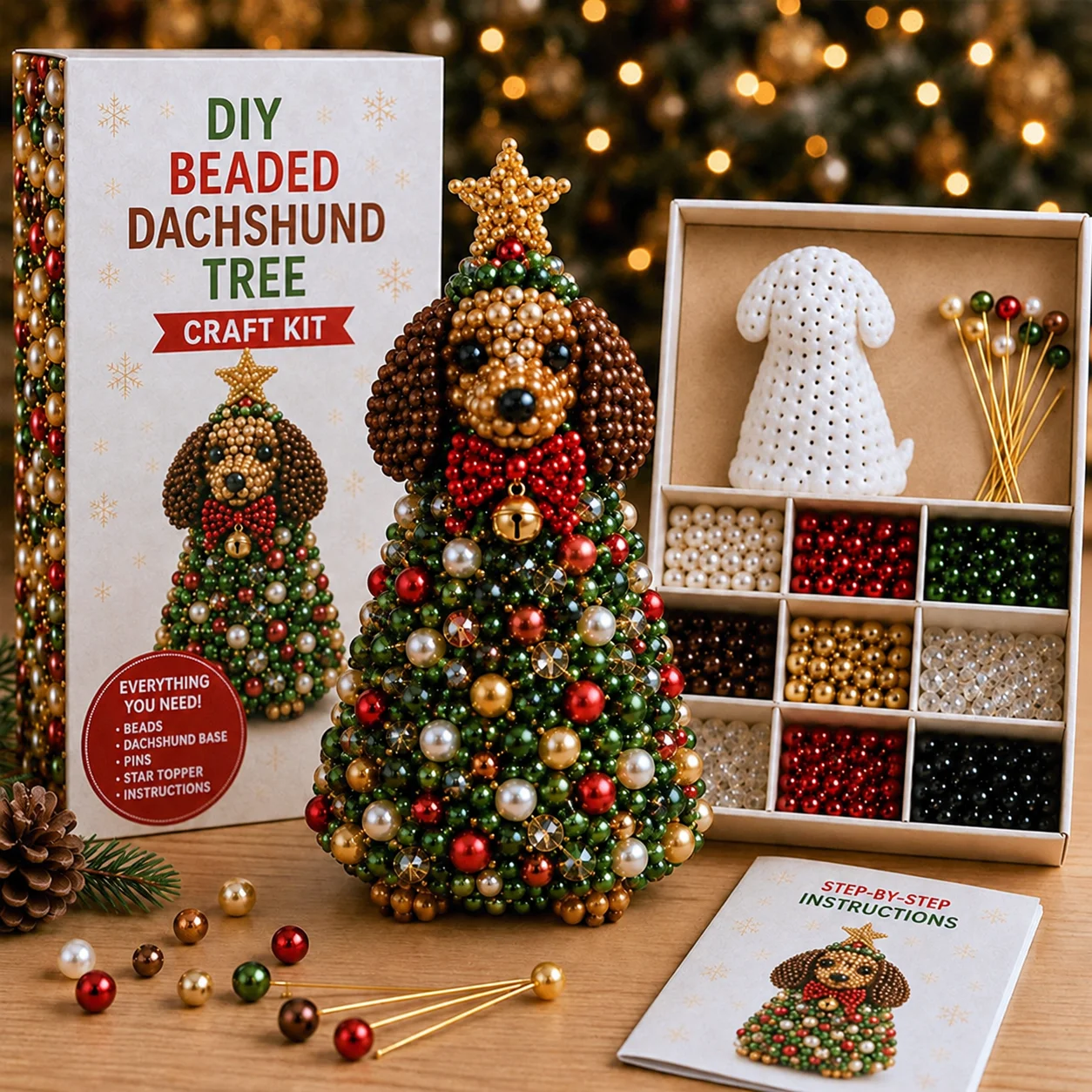 DIY beaded dachshund Christmas tree craft kit showing the finished dog-shaped holiday ornament next to its packaging box, colorful beads in an organizer, pins, and step-by-step instruction manual.