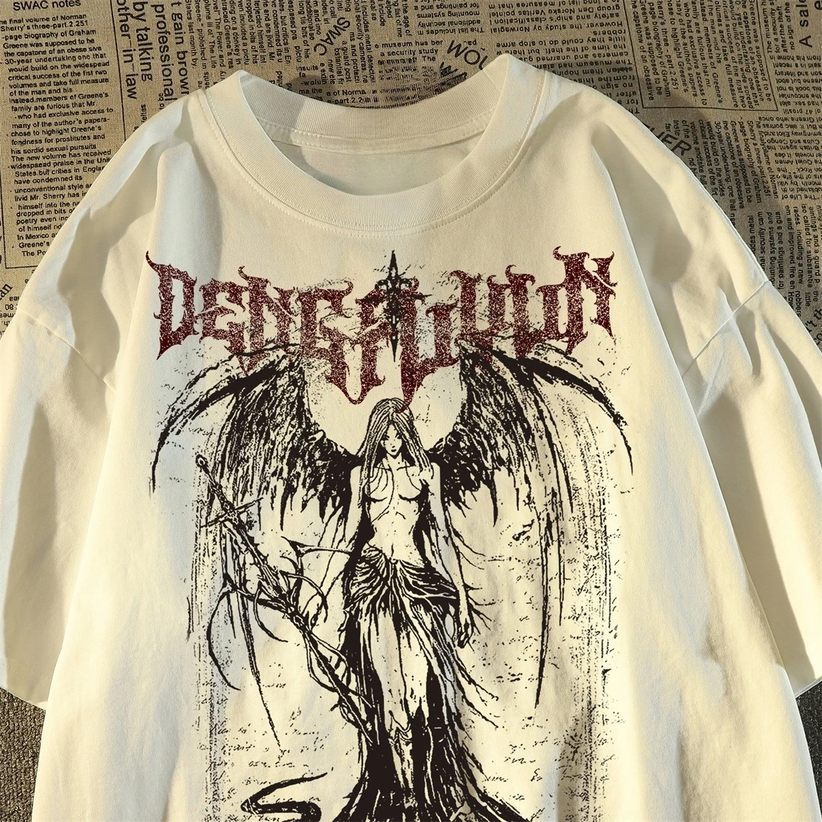 하이 스트리트 캐릭터 Y2K 고딕 프린트 패턴 코튼 반팔 티셔츠 유니섹스 여름 뉴 웨스트 코스트 레트로 트렌드 브랜드