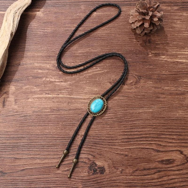 652F Gevlochten turquoise bolo-stropdas met metalen bloem Formele cowboystropdas