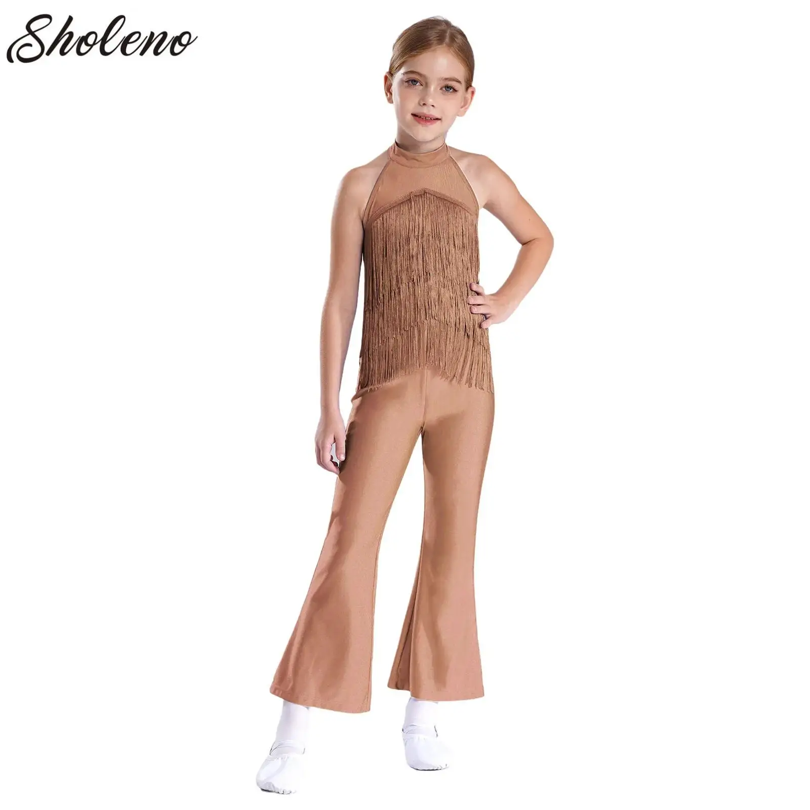 

Kids Girls Tassel Jumpsuit Latin Jazz Dance Dress Sleeveless Bell-Bottom Fringed Bodysuit Costume for Cha-cha Samba Performance