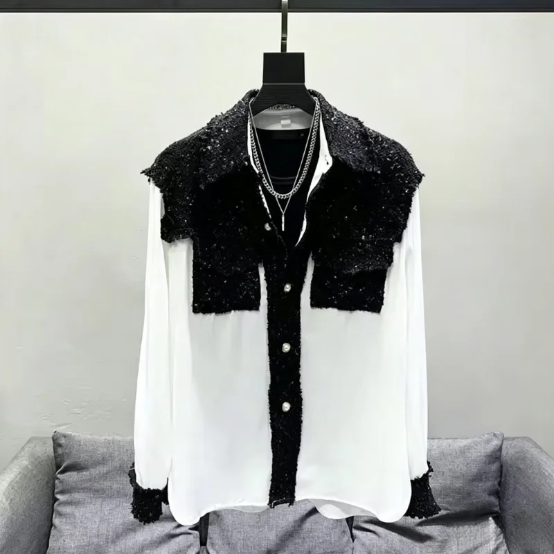 Men's Spring Autumn Black White Color Block Long Sleeve Shirt, Loose Fit Turn Down Collar Button Design Trendy Streetwear Top