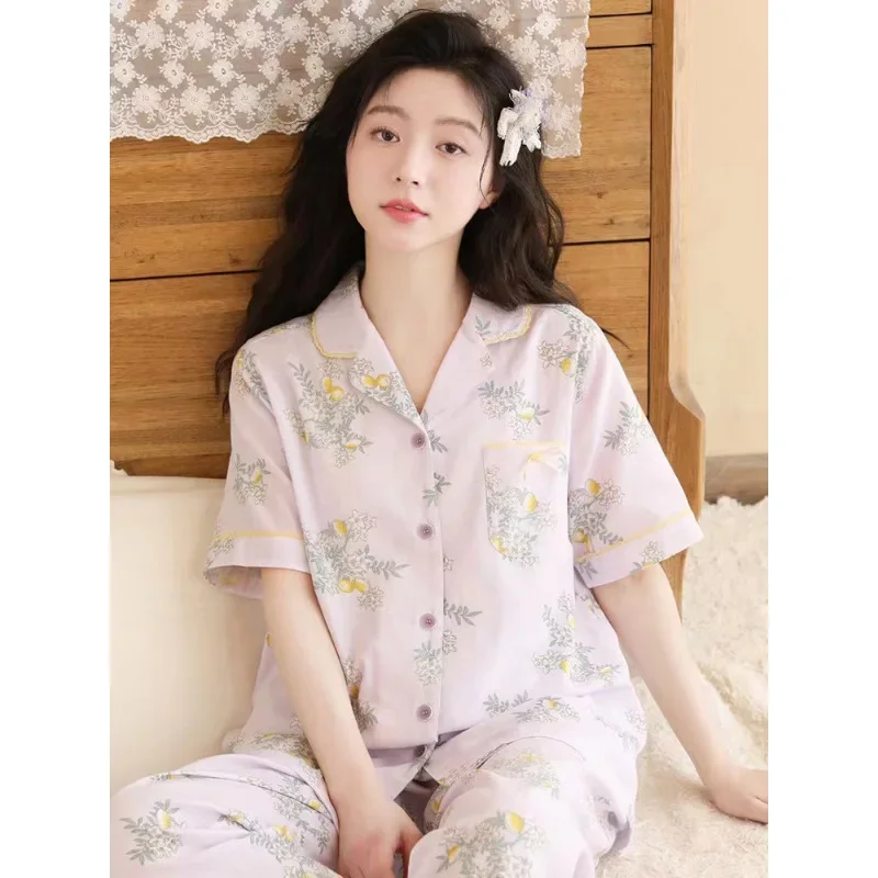 

Vintage Floral Printed Cotton Pajama Sets For Women Short Sleeve Long Pants Spring Summer Loose Cardigan Nightwear Plus Size