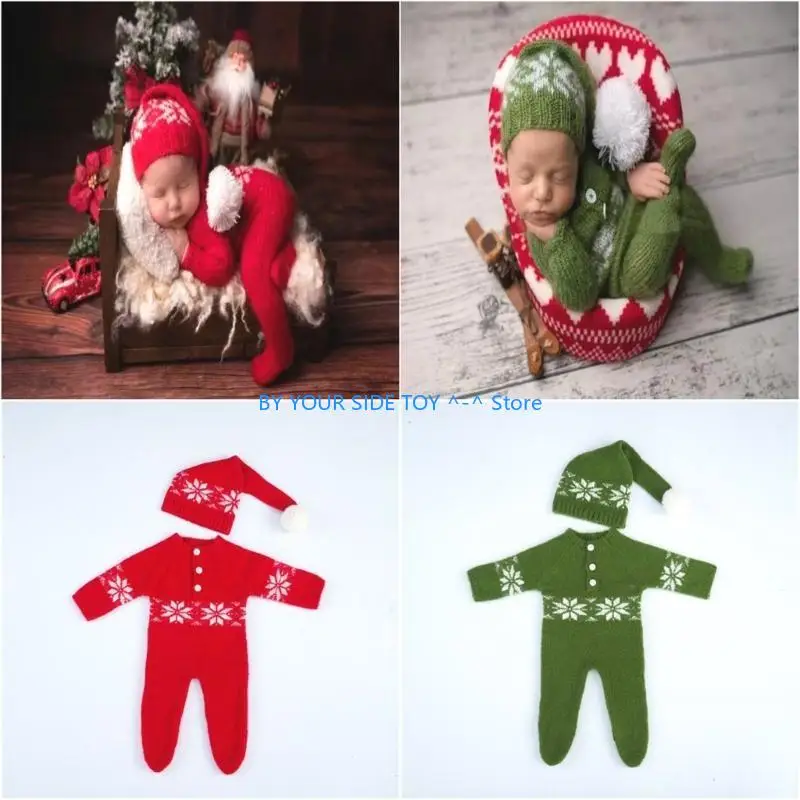 

Newborn Baby Photo Props Infant Christmas Hat and Jumpsuit Outfit Santa Crochet Photography Clothing Accessories U6XE