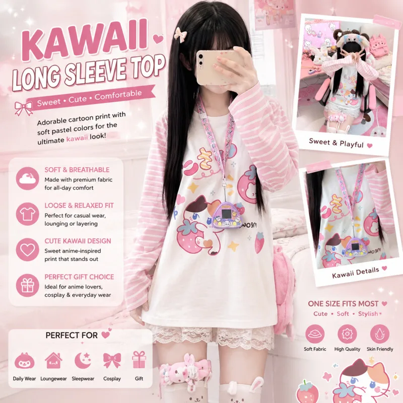 Teen Girls Kawaii Cartoon Print Long Sleeve Cotton T Shirt Pink Striped Patchwork Loose Top School Daily Street Dating Outfit