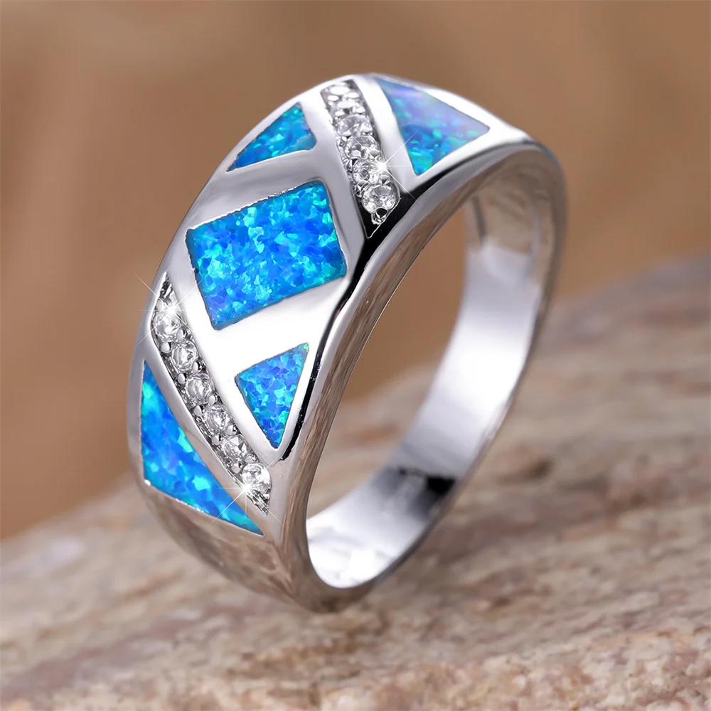 Square Stone Blue Opal Engagement Rings For Women Trendy Silver Color Wedding Band Fashion Jewelry