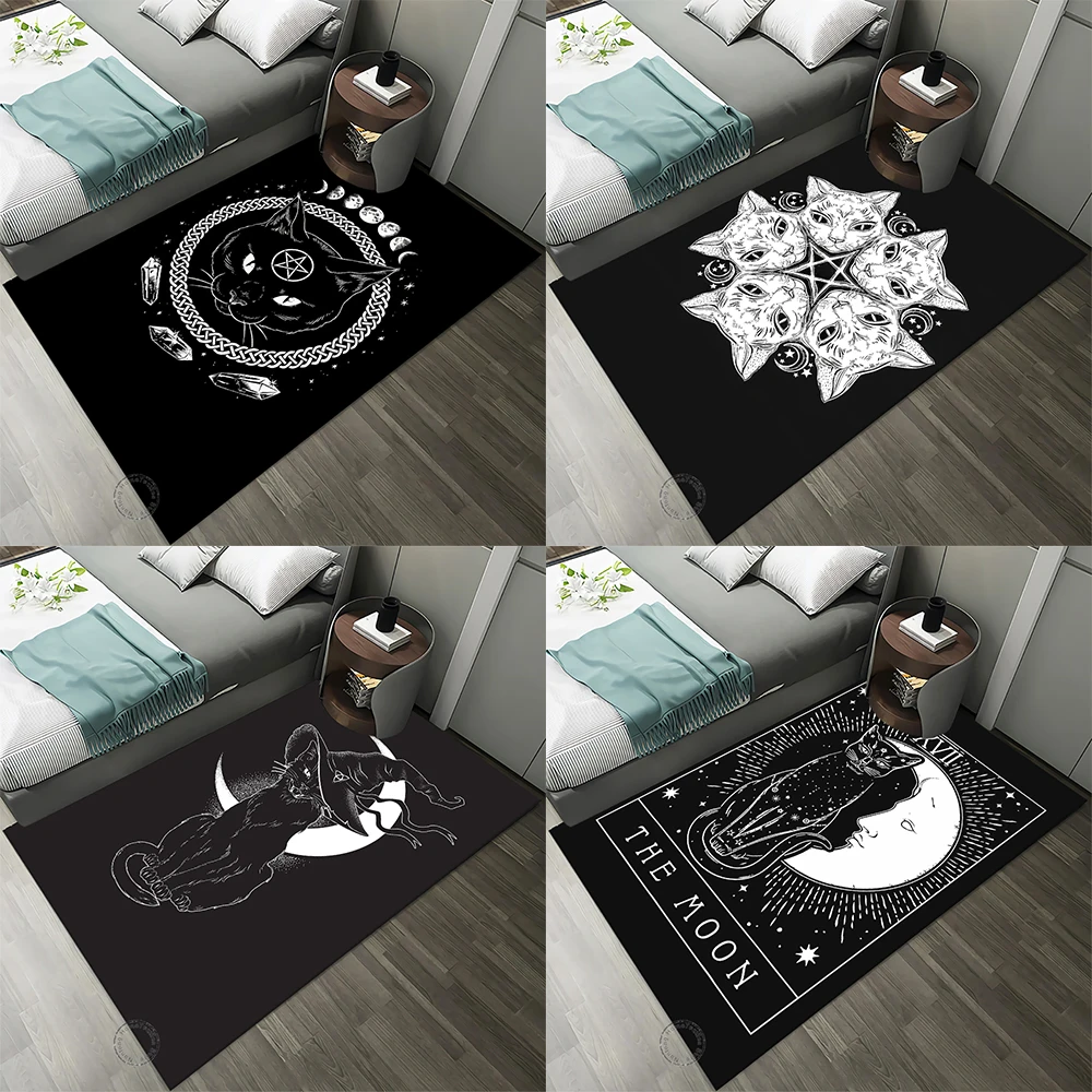 Black Cat Divination Mysterious Print Carpet Home Living Room Bedroom Floor Decoration 