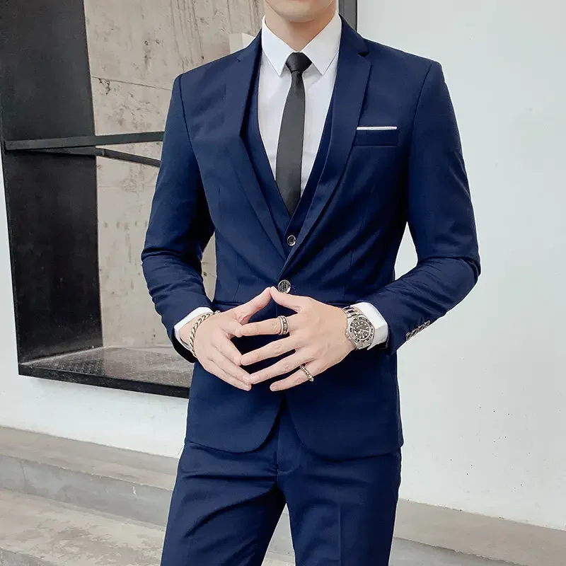 

LIBIELIY 2025 New Suit Suit For Men (suit + Vest + Trousers) Three-piece Solid Color Korean Version Of The British Slim-fit Casu