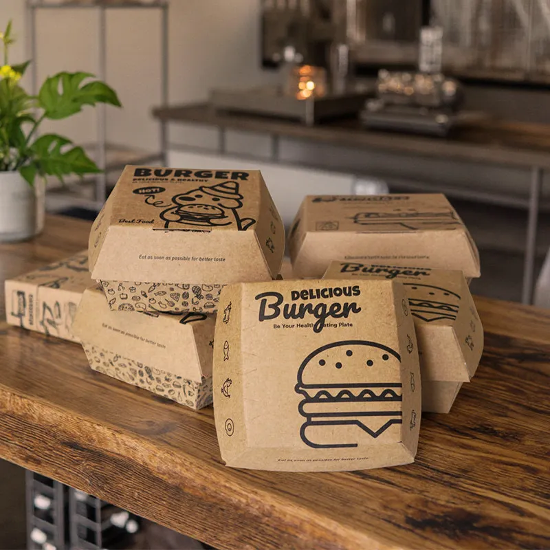 

Custom. [Thickened Folding-Resistant] Environmentally Friendly Food Grade Cowhide Hamburger Box Wood Pulp Primary Color Thickene
