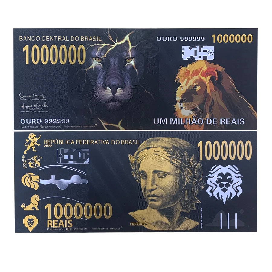 

2022 Black Colored Gold foil Brazil Banknotes 1000000 Reals Gold Notes Lion Cards in 24k Gold Plated For Collection