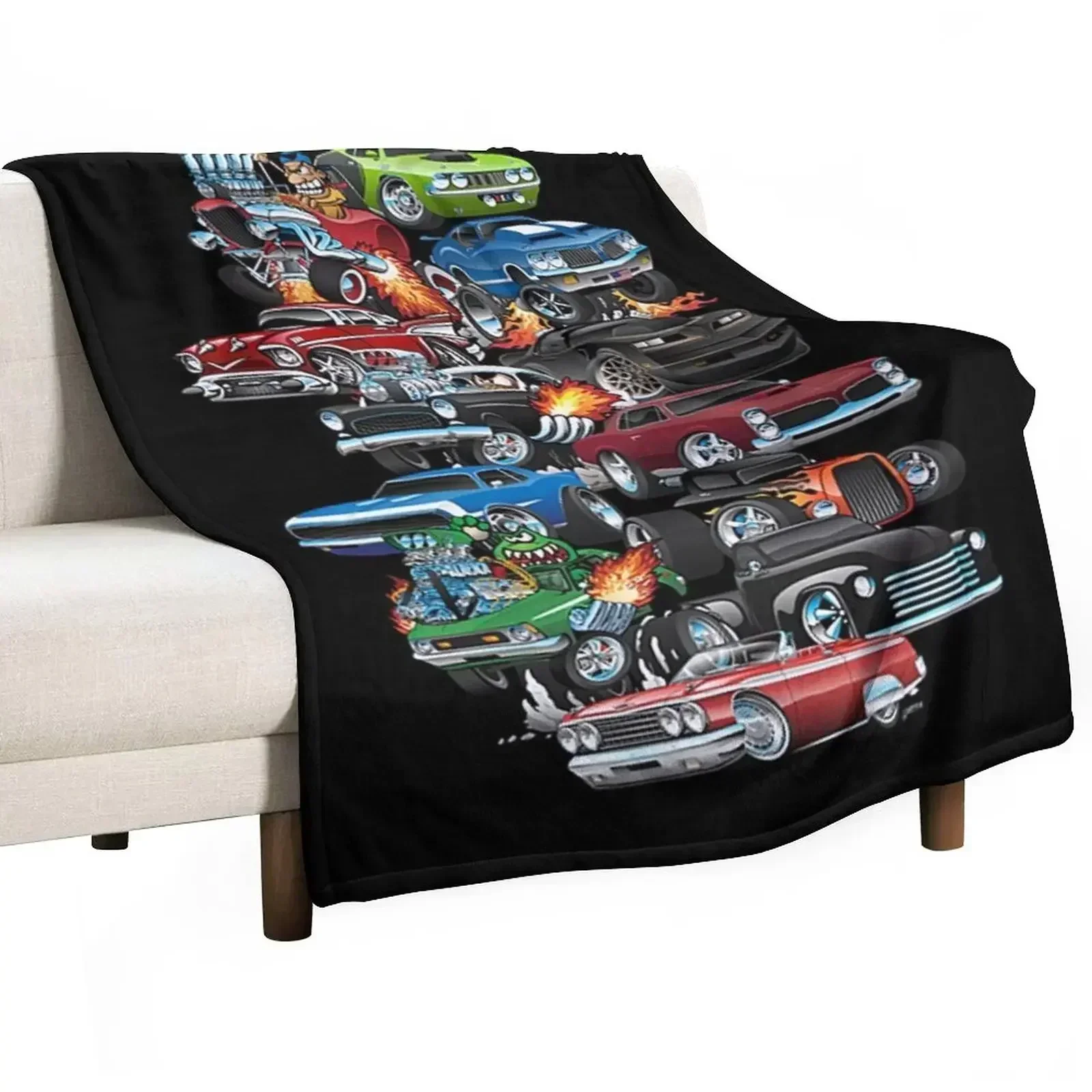 Car Madness! Muscle Cars and Hot Rods Cartoon Throw Blanket Travel Moving For Baby Personalized Gift Flannels Blankets