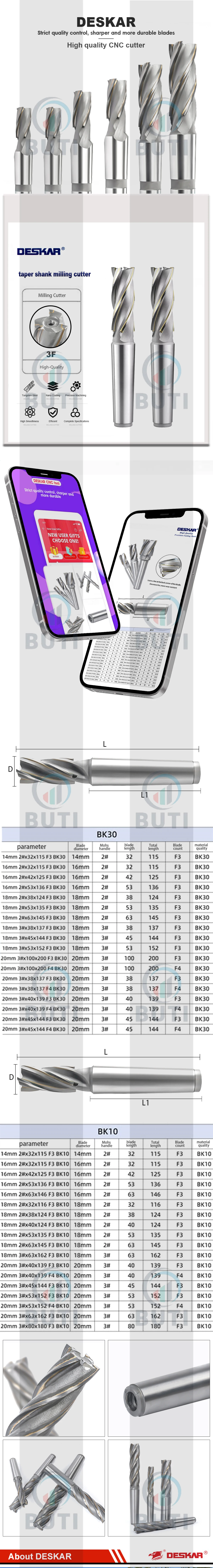 Deskar original cnc bk10 bk30 eingelegter legierter kegels chaft fräser 14x32x115-f3-mt2 spiral drei klingen fräser – Detail 1