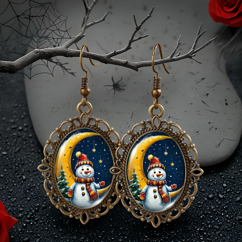 لطيف ثلج وكريسنت صورة البيضاوي الزجاج كابوشون زهرة على شكل خطاف الصيد أقراط الهدايا اليدوية