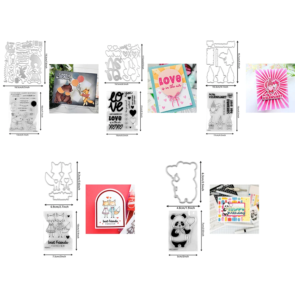 2024 New Cutting  Dies and Clear Stamps Set Adorable Gnome Panda Fox Bear Love You Wishes for DIY Valentine's Day Paper Cards