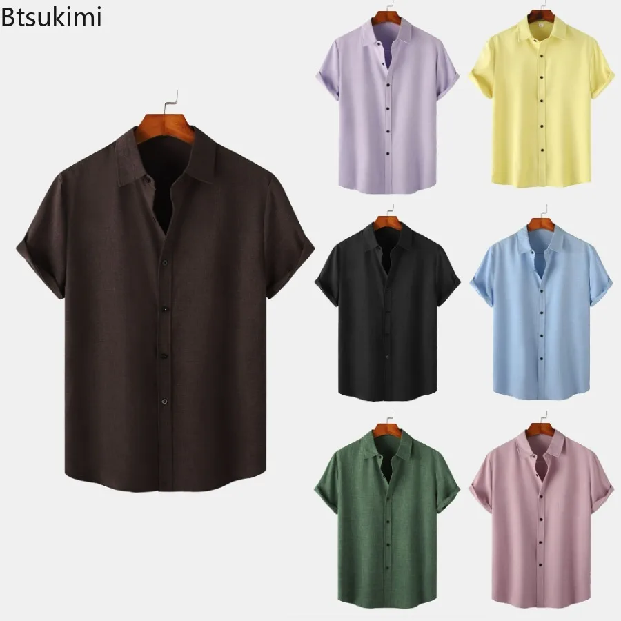 

2025 Мужская летняя повседневная рубашка с коротким рукавом, однотонные дышащие классические рубашки, мужские свободные футболки для мужчин, мужские топы с отложным воротником