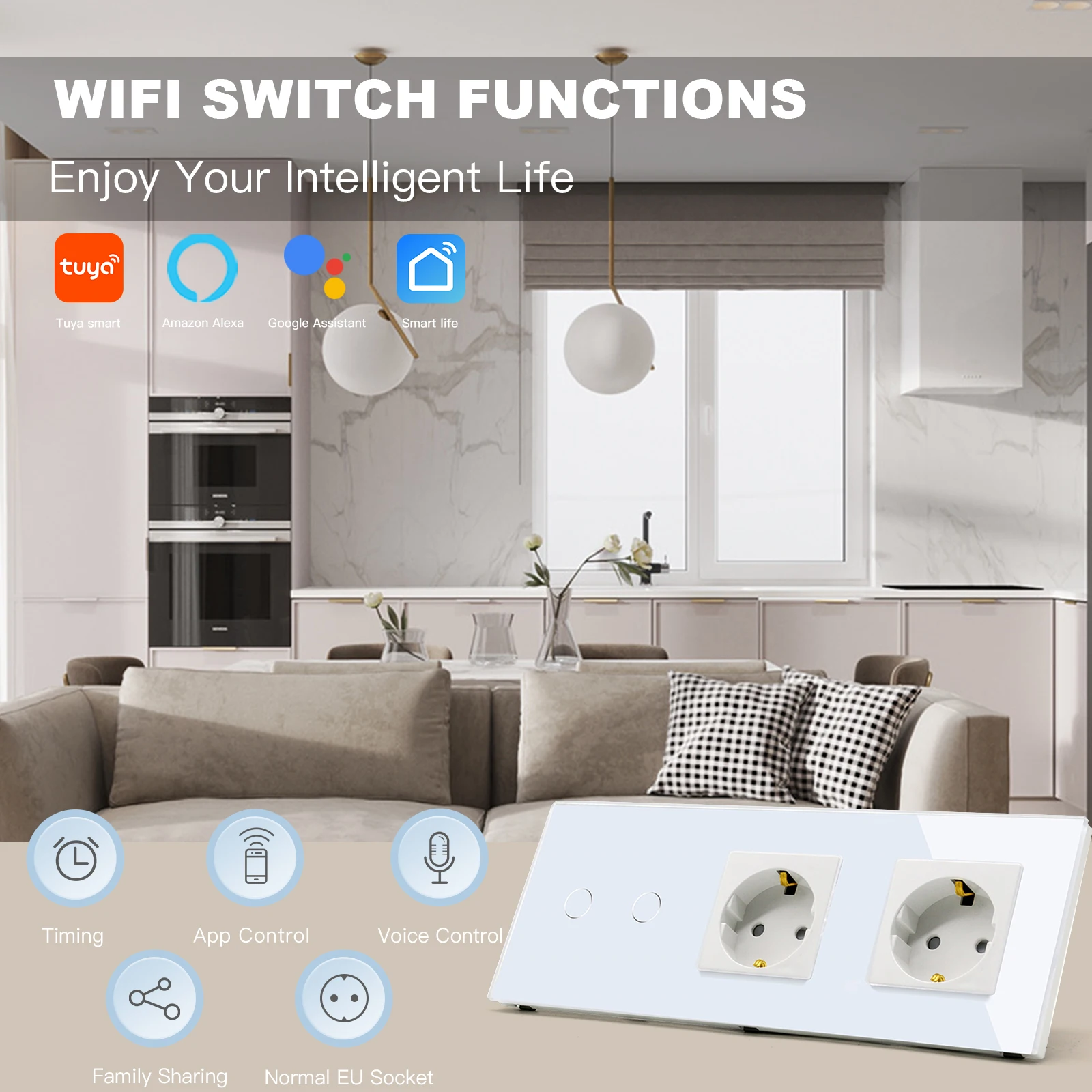 BSEED Wifi Wall Touch Switches 1/2/3Gang 1/2/3 Way Light Switch With Double EU Power Sockets Smart Life Google Alexa Control