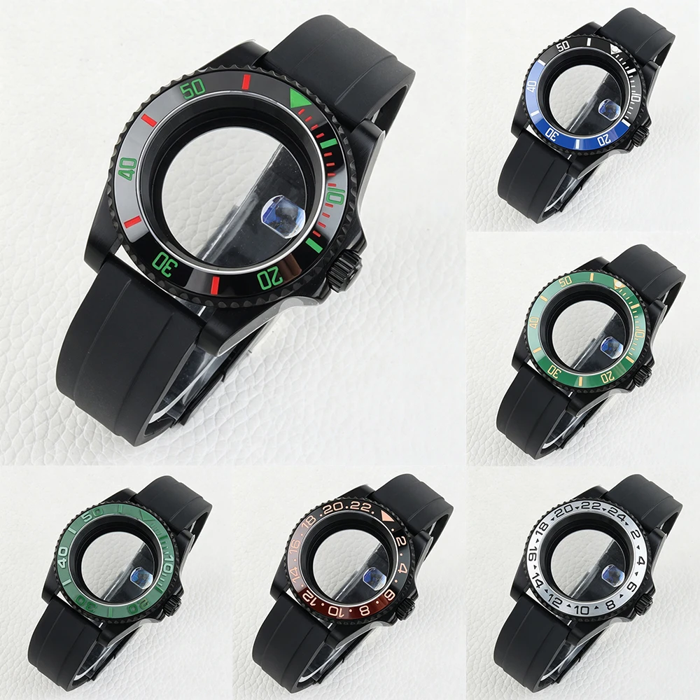 40mm Black PVD NH35 Watch Case Sapphire Glass 316L Stainless Steel Fit SUB GMT YACHT-MASTER NH35 NH36 Movement Rubber Bracelet