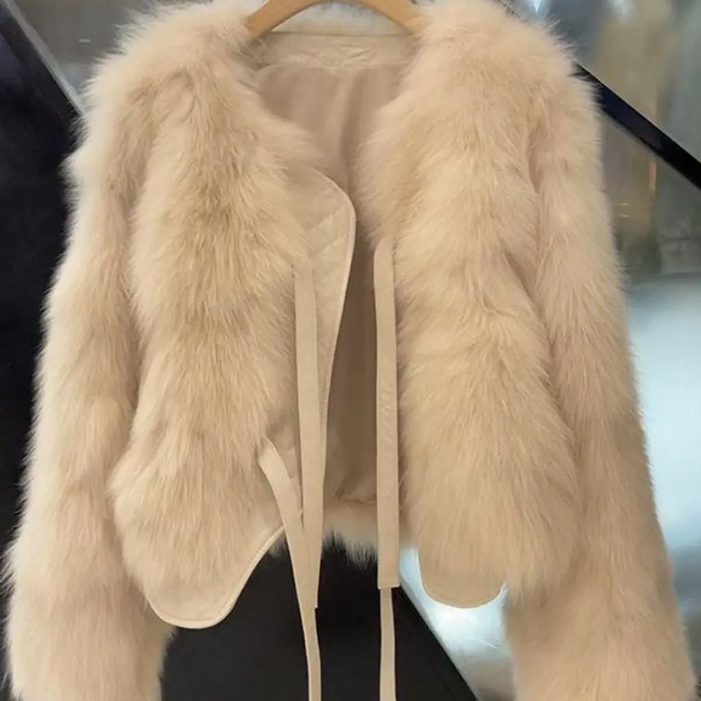 

Women's Short Imitation Fox Fur Outwear Korean Style Versatile Lace-Up Thick Top for Autumn And Winter New