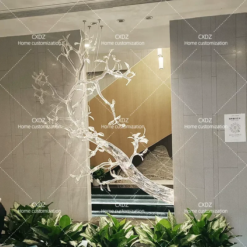 Transparent Crystal Branch Trunk Sculpture Custom Hotel Lobby Wall Art Installation Soft Decoration Welcoming Pine Design