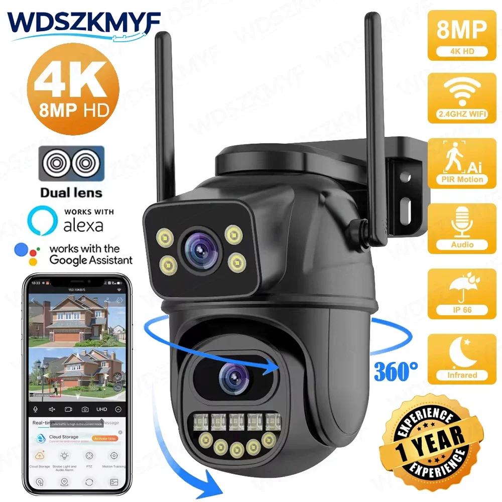 4k-uhd-8mp-wifi監視カメラ、デュアルレンズ、6倍デジタルズーム、ai人感検知、屋外セキュリティptz-ipカメラ