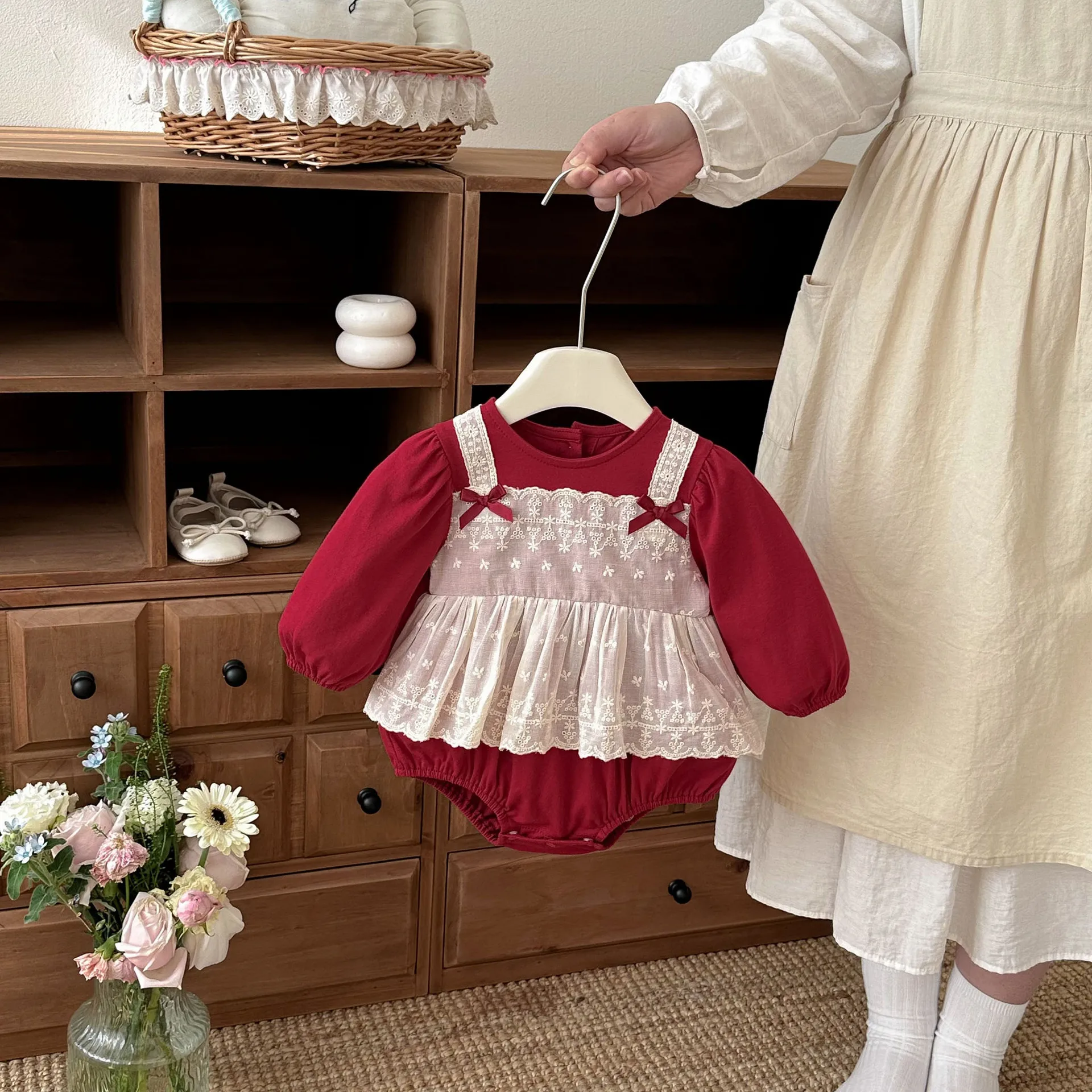 Newborn Baby Girl Clothes Spring and Autumn Style Lace Jumpsuit Princess Red Kids Outwear Beautiful Rompers