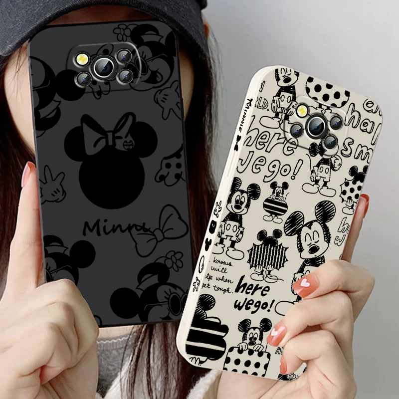 Disney Mickey Minnie Logo For Xiaomi Poco Cover For X4 X3 F4 NFC M6 M5 M4 M3 GT S Pro 4G 5G Liquid Left Rope Phone Case