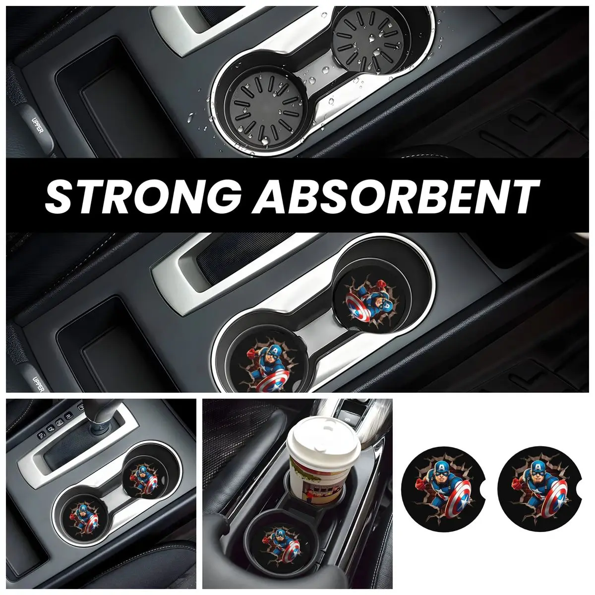 Cute Car Cup Coaster 2 Pack Captain America Car Interior Accessories Universal Recessed Car Cup Holder Insert Coasters