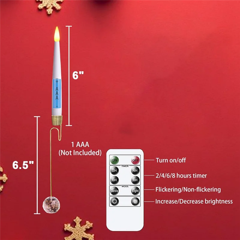 ABJN-X6 "0.5" LED courte conique scintillante télécommande 12 pièces bougies avec 12 crochets boule de cristal, chandeliers à lumière chaude sans flamme