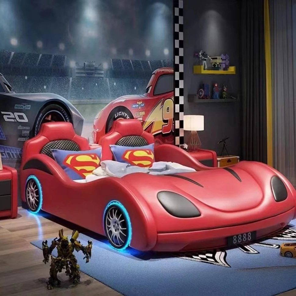 Cool solid wood boy car bed with guardrail creative splicing leather bed