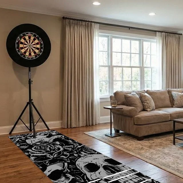 VIKAMA Black White Skull Rose Dart Mat Marked Distance Lines Non Slip Dartboard Game Protection Strip Rug Professional Indoor