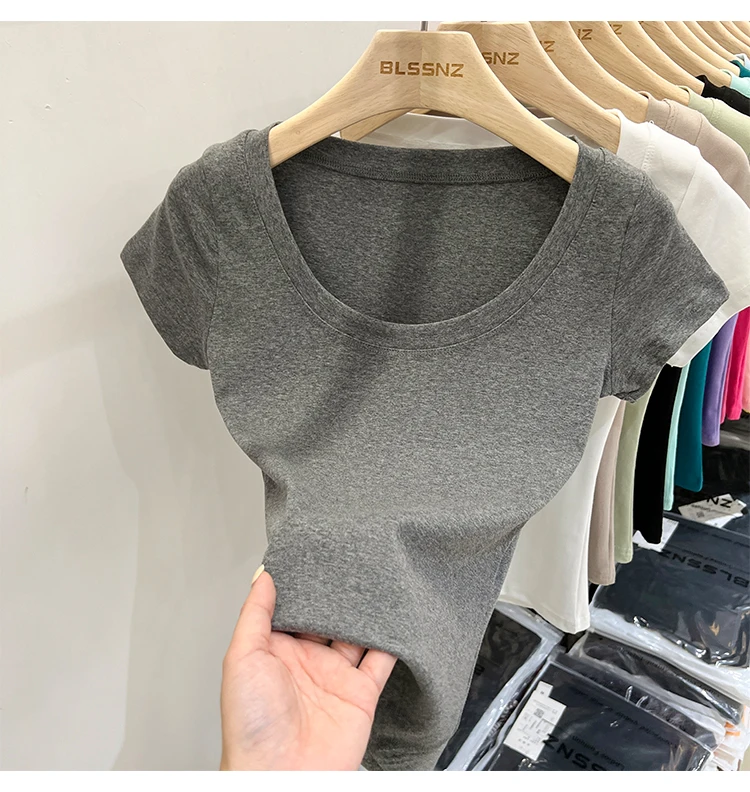 2026 Sexy Quadratischer Ausschnitt Slim T-Shirt Damen Baumwolle Elastisch Basic Einfarbig Lässige Oberteile Kurzarm Dünne T-Shirts Transparent – Detail 35