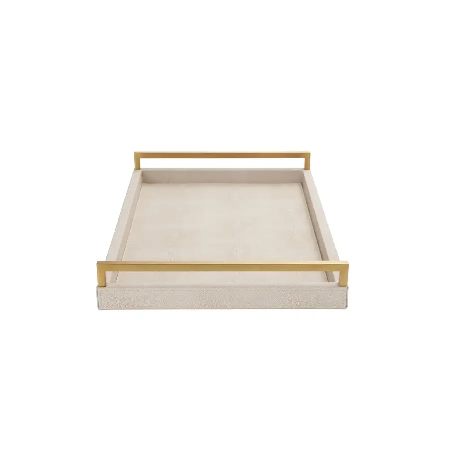 

Ivory Shagreen Leather Serving Tray with Gold Handles17.7x11.8 Inch Large Wooden Decorative Ottoman Tray fro Coffee Table, Kitch