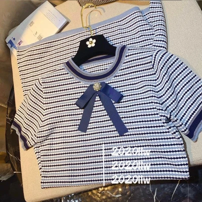 

Bow Striped Woolen Dress Knitted Short Sleeved Dress Korean Fashion Tops Slim Fit And Slimming Dress Tight Sexy Dresses 2024 New
