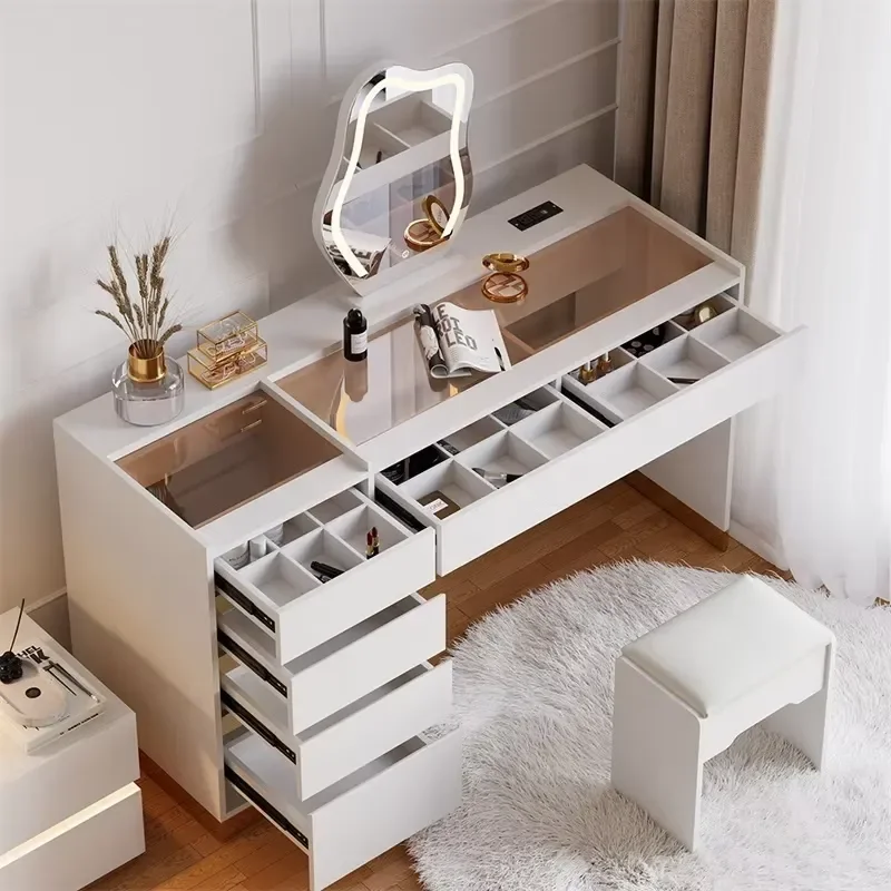 Modern LED Mirror Makeup Vanity Set Tempered Glass Top Bespoke Color Size Dressing Table Ample Drawer Storage Eco-Friendly