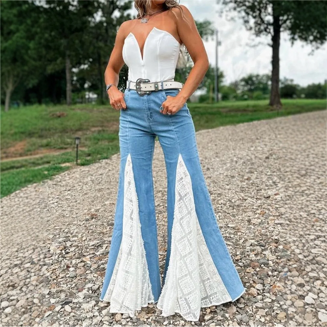 

Women Denim Pant Lace Patchwork Empire Flared Jeans Streetwear Ladies Pockets Floor-length Wide Leg Trousers 2025 Autumn Winter