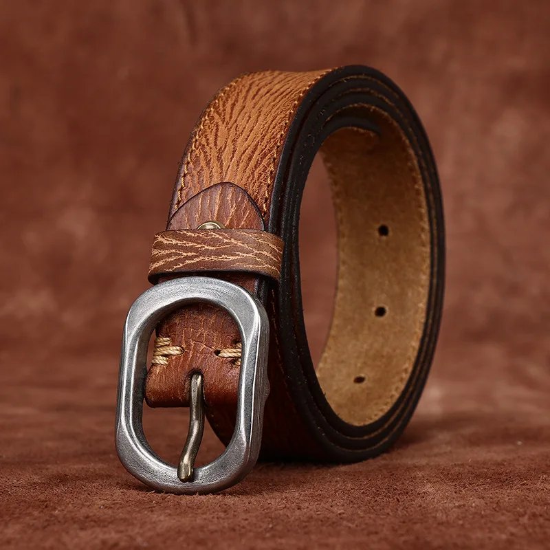 3CM Wide Retro Concave Texture Ladies Belt Full Grain Leather Versatile Casual Waistband