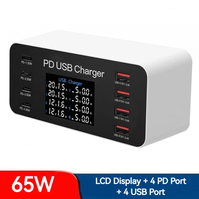 Szybka ładowarka 65 W Multi 8 portów PD USB Wyświetlacz LCD PD 30 W Ładowarka Carregador do tabletu Smartphone Iphone 14 13 Samsung Xiaomi