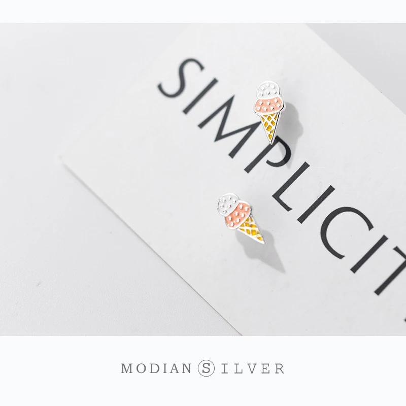 MODIAN Summer New Food Ear Pin dla kobiet Prawdziwe srebro próby 925 Kolorowa emalia Kolczyk w kształcie lodów Drobna biżuteria Prezent dla dzieci — zdjęcie 3