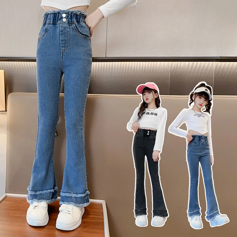 

Girls Trousers High Waist Raw Edge Jeans 2024 Spring and Autumn Vintage Flared Pants Large Children Style Simple Casual