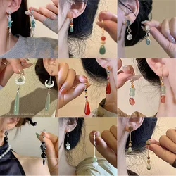 Steel Fun Jewelry Chinese Style Moon Beaded Earrings for Women Ancient Style Long Delicate Tassel Water Drop Pendant Ear Hook