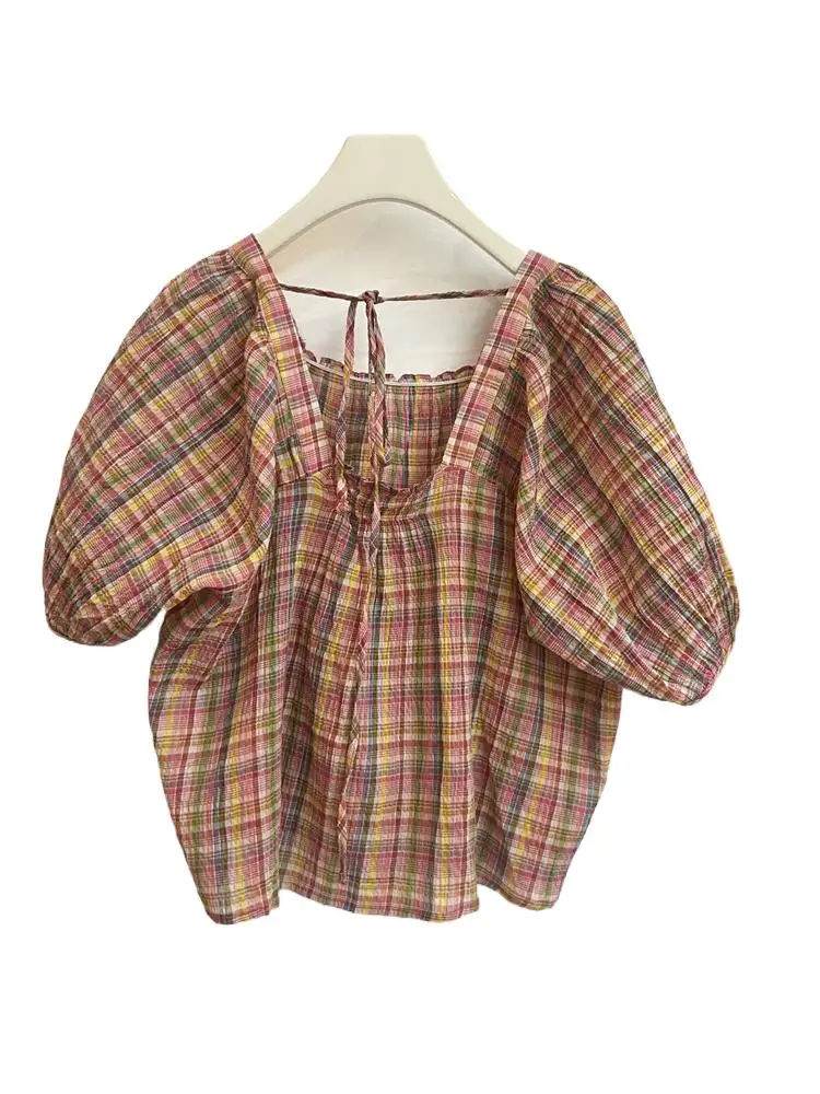 

Summer New 2024 Girlish Cotton Plaid Crop Tops Elegant Square Collar Half Sleeve Loose Fit Casual Cozy Mori Girl Style Blouses