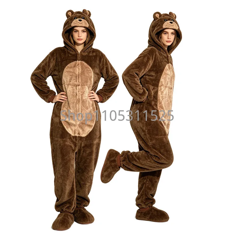

Men Women Brown Bear Flannel Onesie Pajamas Full Zip Warm Winter Home Sleepwear Unisex Adult Animal Cosplay Jumpsuit